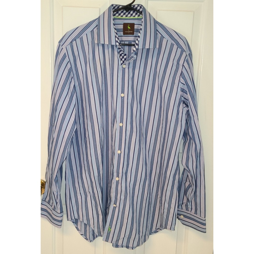 TAILORBYRD MEN'S L BUTTON SHIRT BLUE L Checkered‎ and Stripes Handsome classy